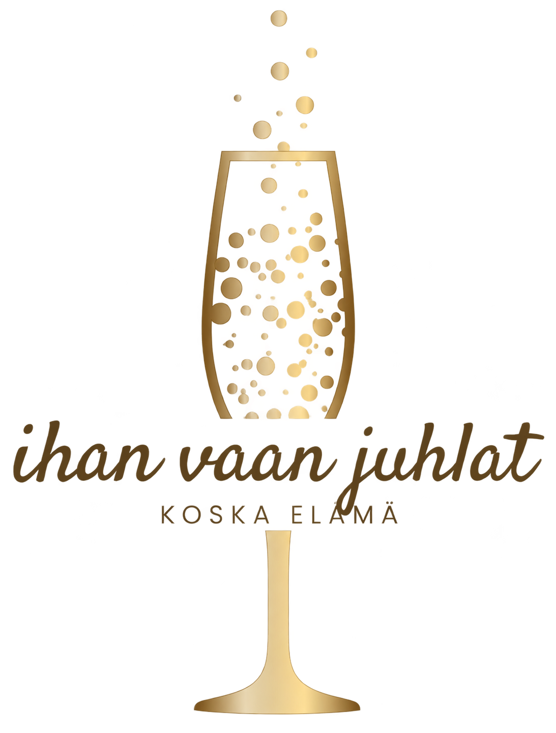 Ihan Vaan Juhlat -logo, kultainen samppanjalasi ja yrityksen nimi